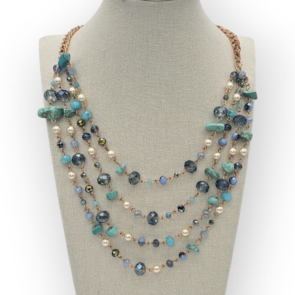 Turquoise Crystal Faux Pearl Layered Necklace Gold Tone - Coastal Chic